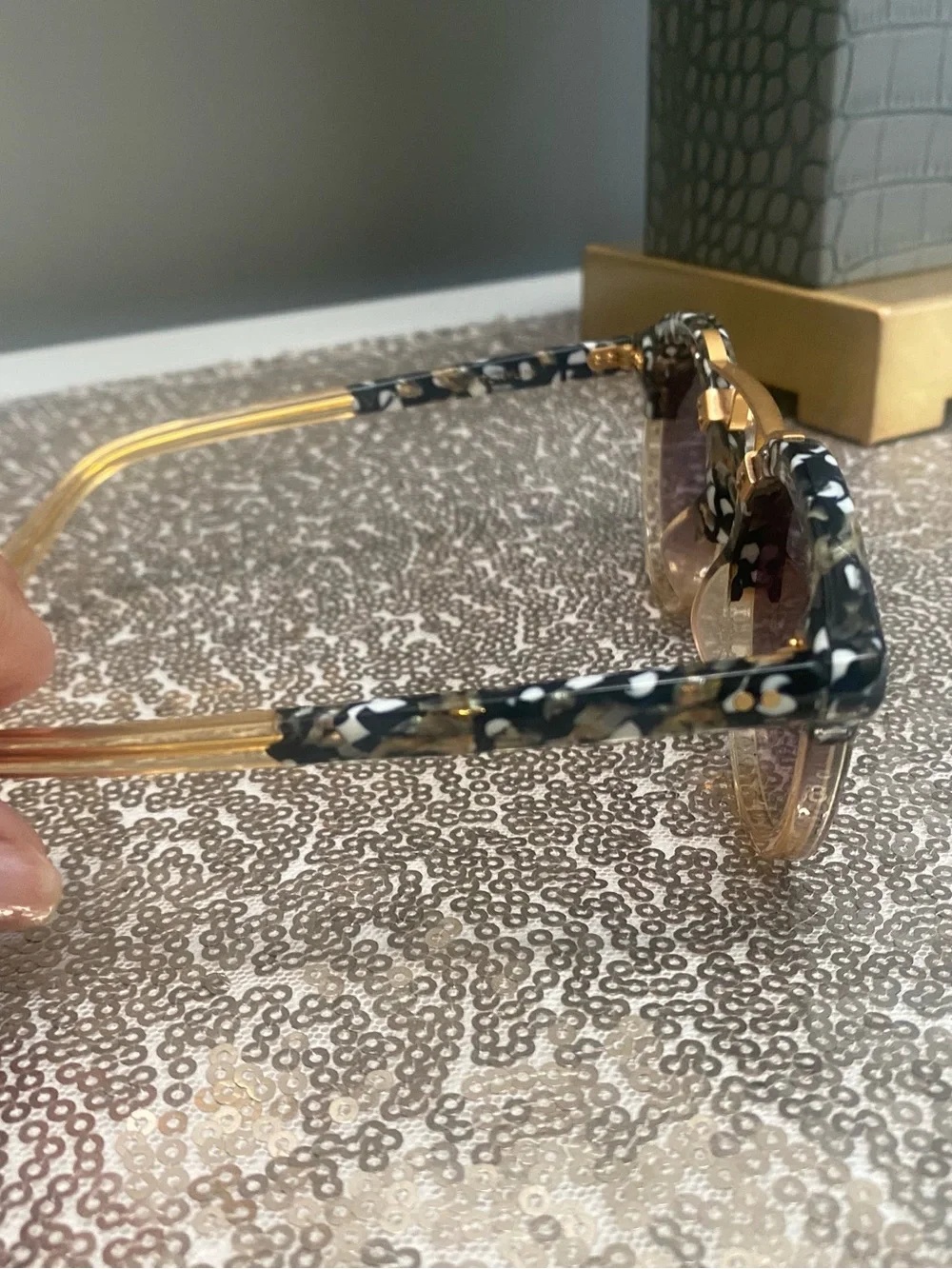 Gold-Tone Round Sunglasses with Black Patterned Brow and Purple Gradient Lenses